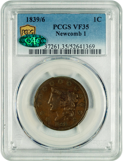 1839/6 1C Coronet Head Cent VF35 PCGS CAC HOLDER WITH GREEN CAC STICKER