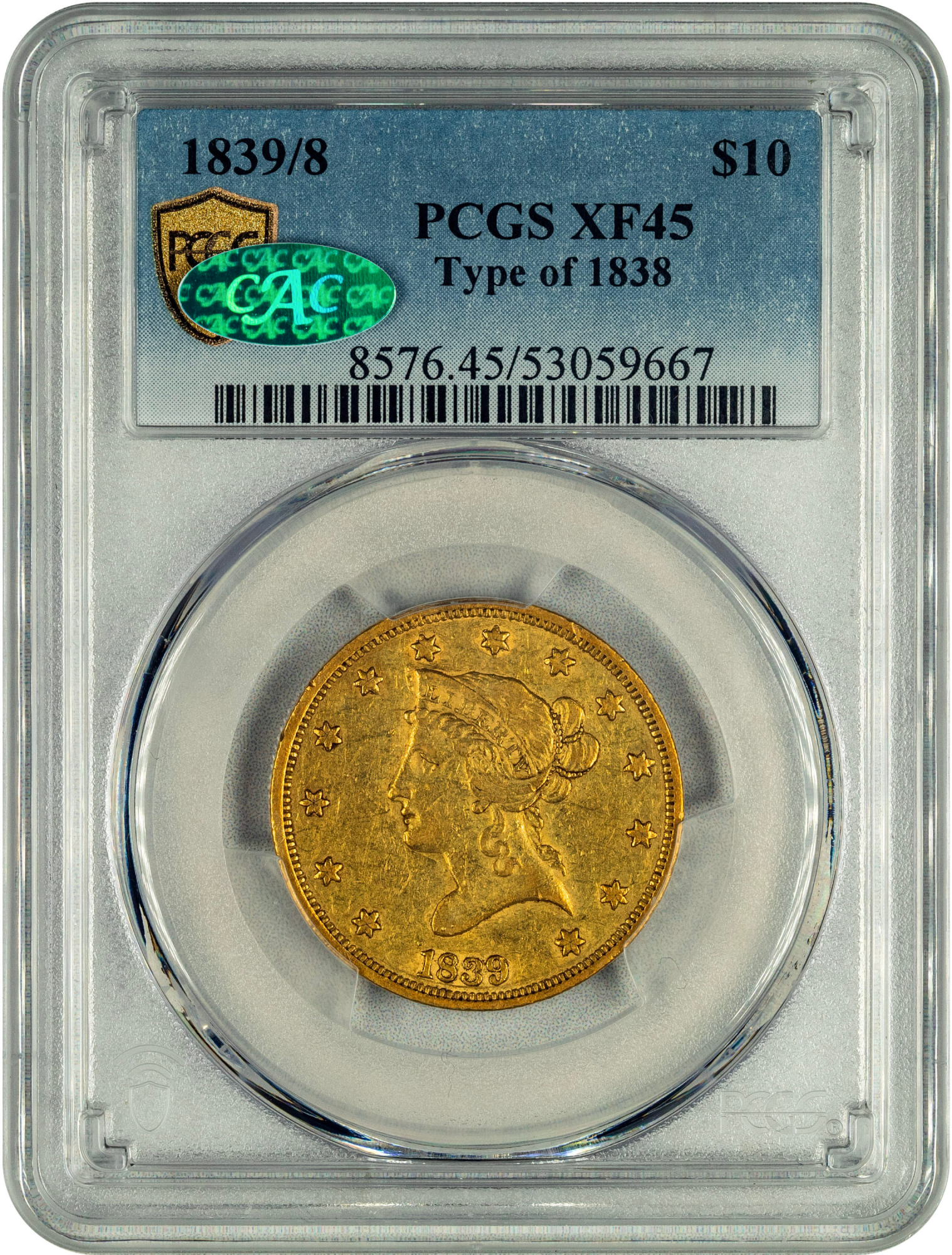 1839/8 $10 TYPE OF 1838 XF45 PCGS CAC – Paradime Coins