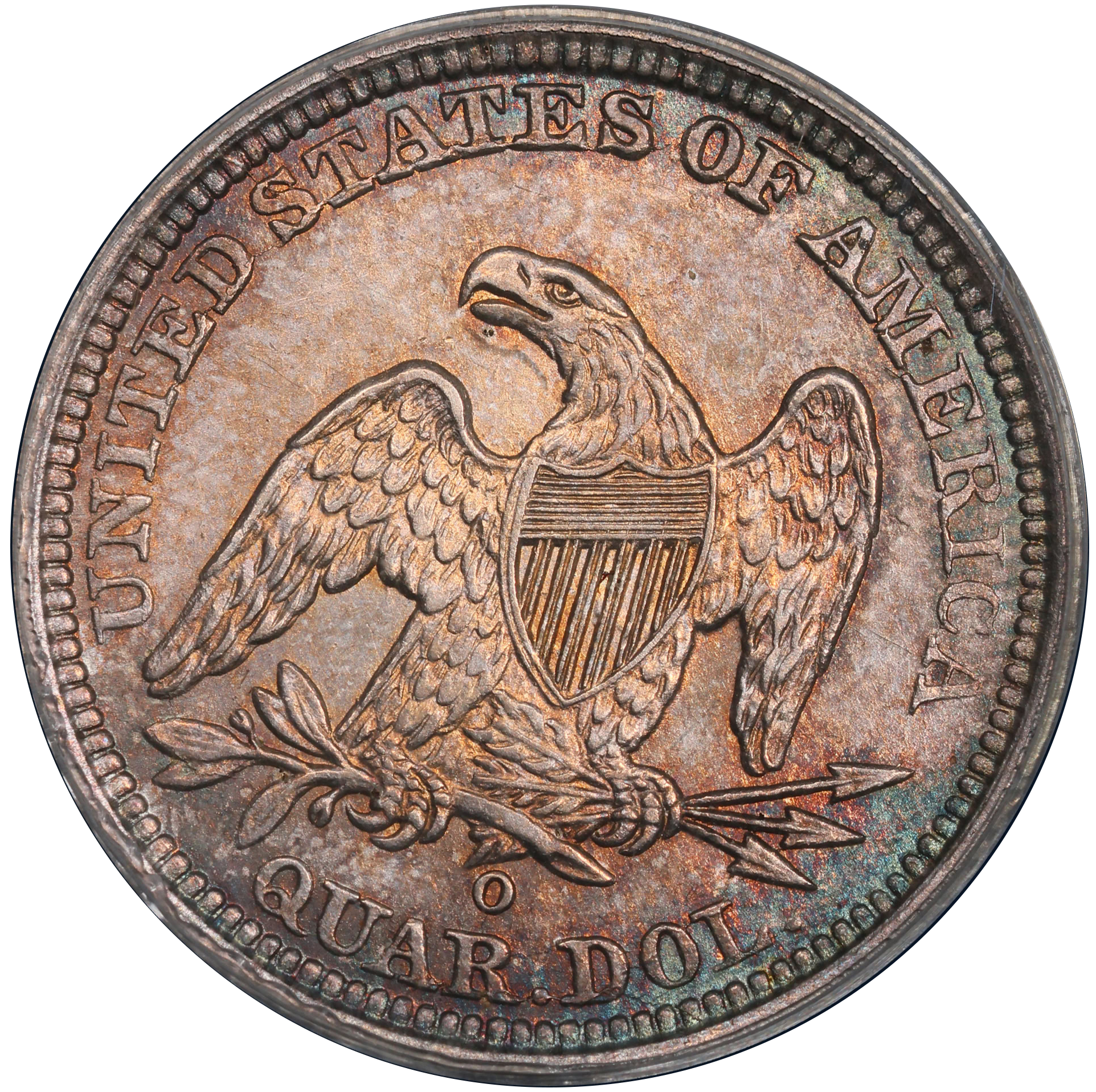 1840-O 25C DRAPERY AU55 PCGS GOLD CAC REVERSE