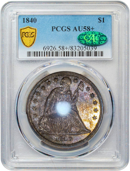 1840 $1 AU58+ PCGS CAC HOLDER WITH CAC GREEN STICKER