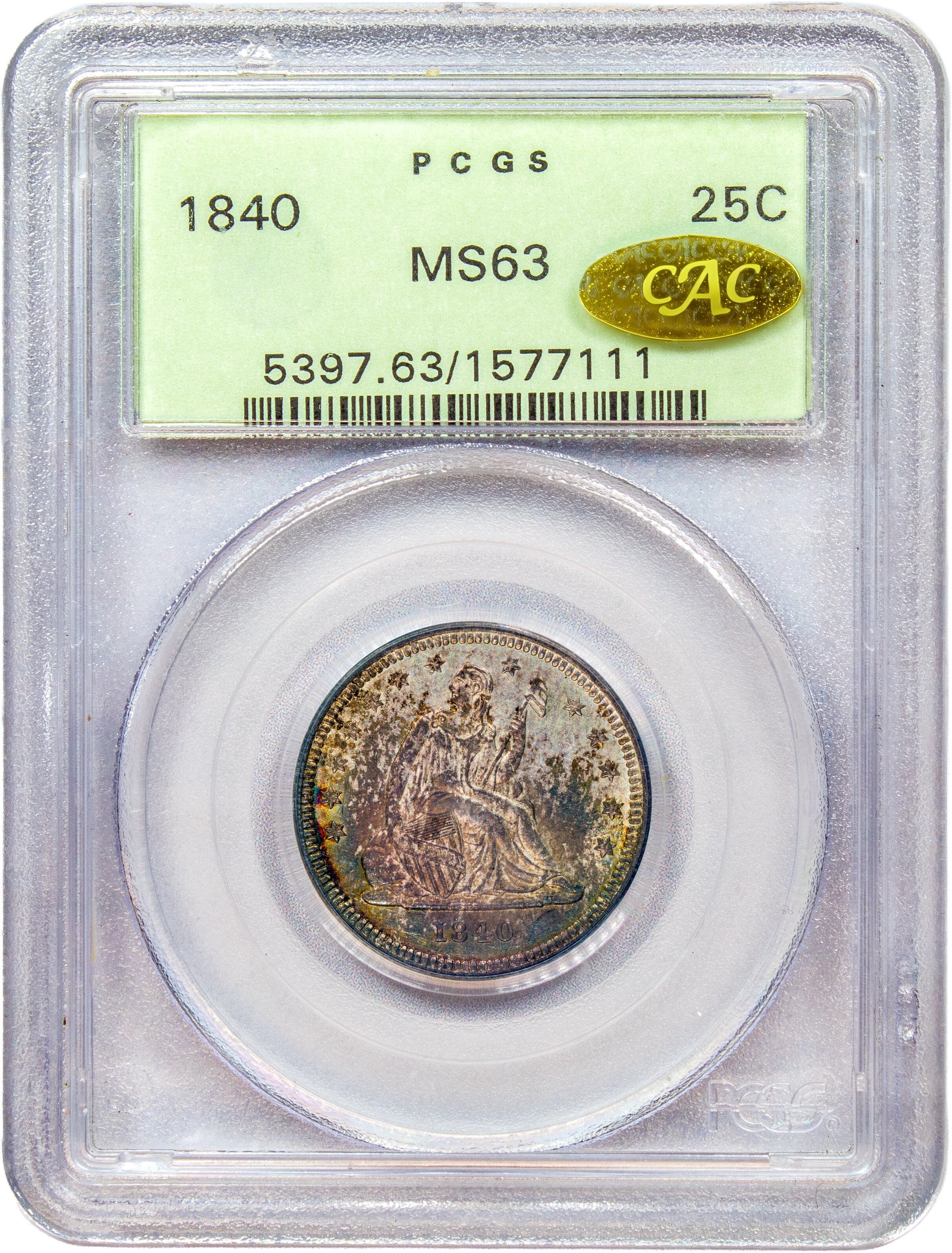 1840 25C DRAPERY MS63 OGH PCGS GOLD CAC