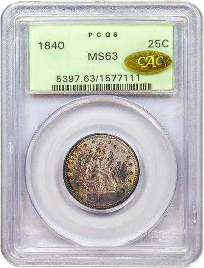 1840 25C DRAPERY MS63 OGH PCGS GOLD CAC HOLDER WITH GOLD CAC STICKER 