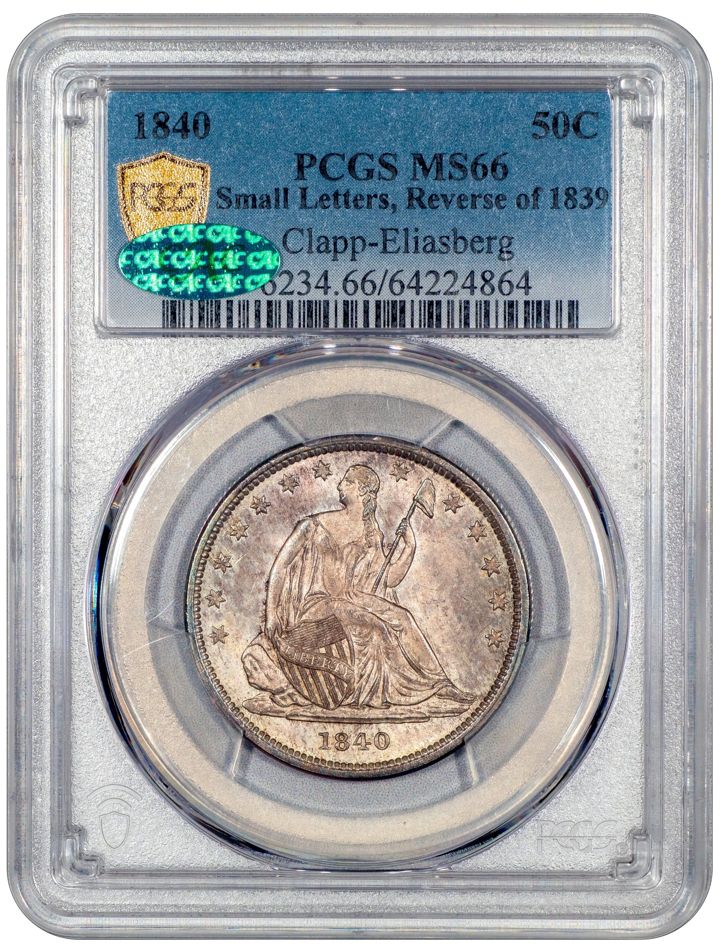 1840 Liberty Seated Half Dollar 50C SM LT REVERSE OF 1839 MS66 PCGS CAC EX CLAPP/ ELIASBERG Holder With Green CAC Sticker