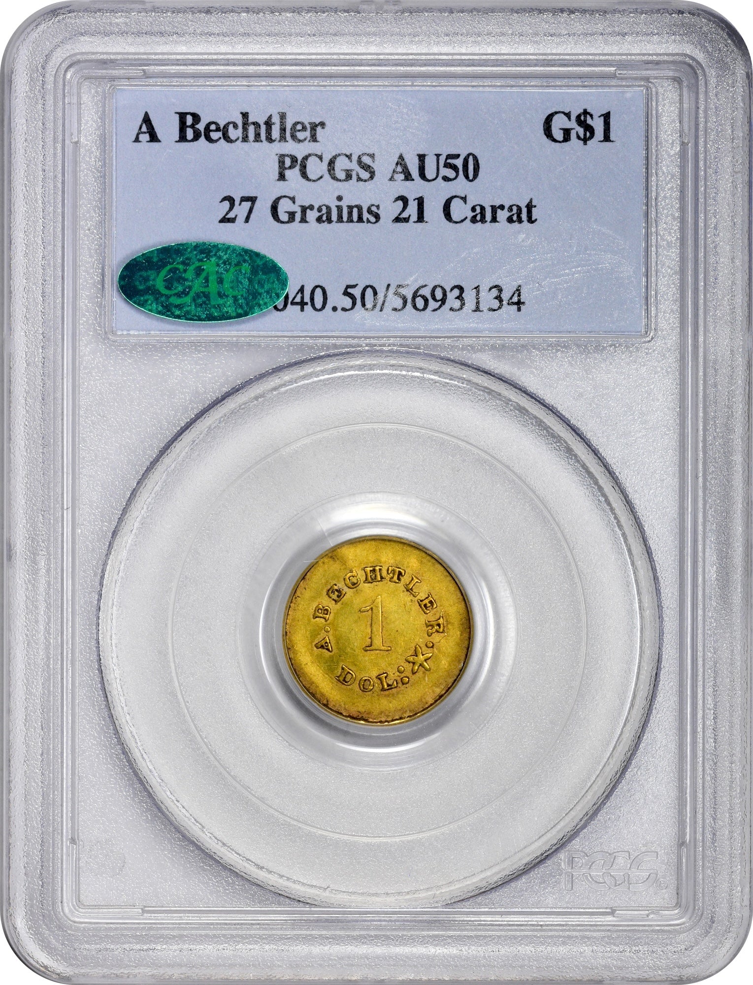 (1842-1850) A. Bechtler G$1 27 Gr 21.C P.e. K-24 Au50 Pcgs Cac Others