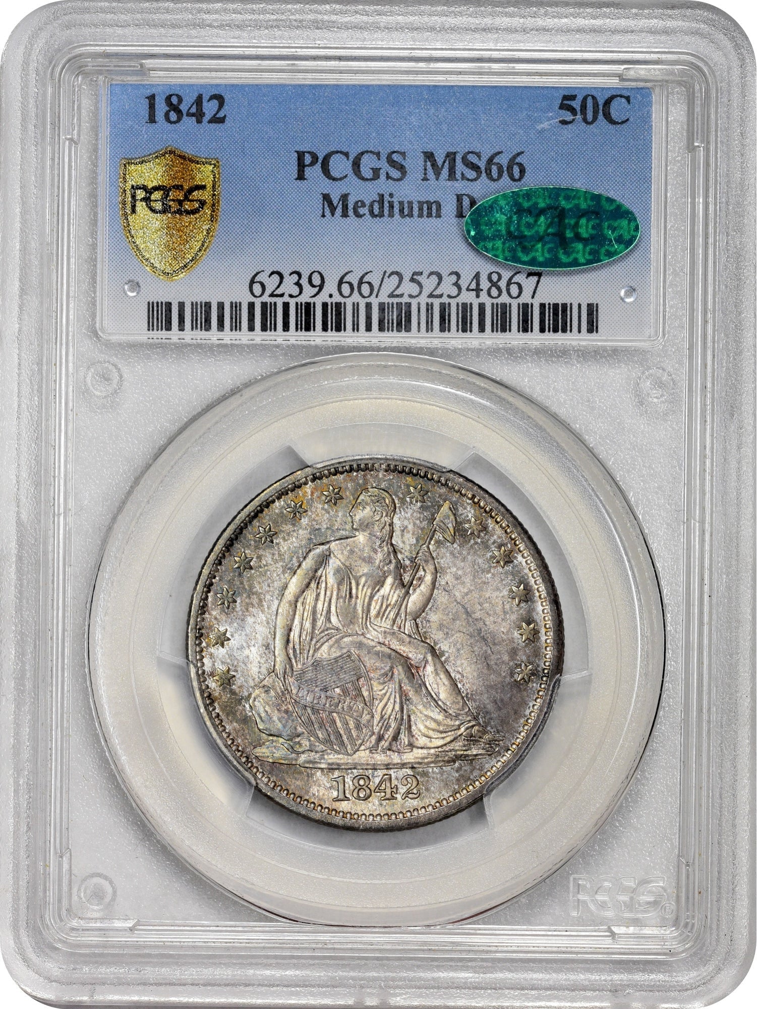 1842 50C MEDIUM DATE MS66 PCGS CAC 50C