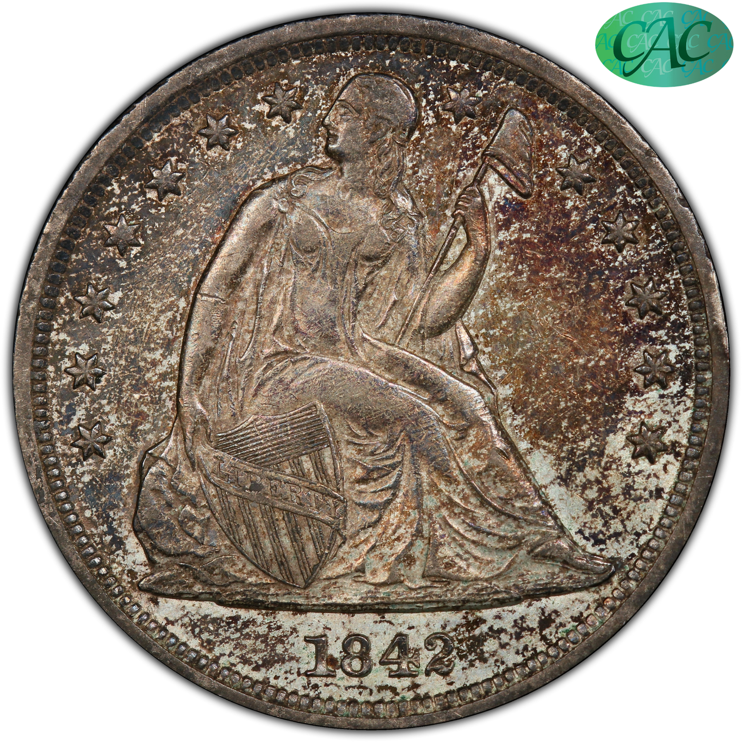 1842 Liberty Seated Dollar $1 AU55+ PCGS CAC