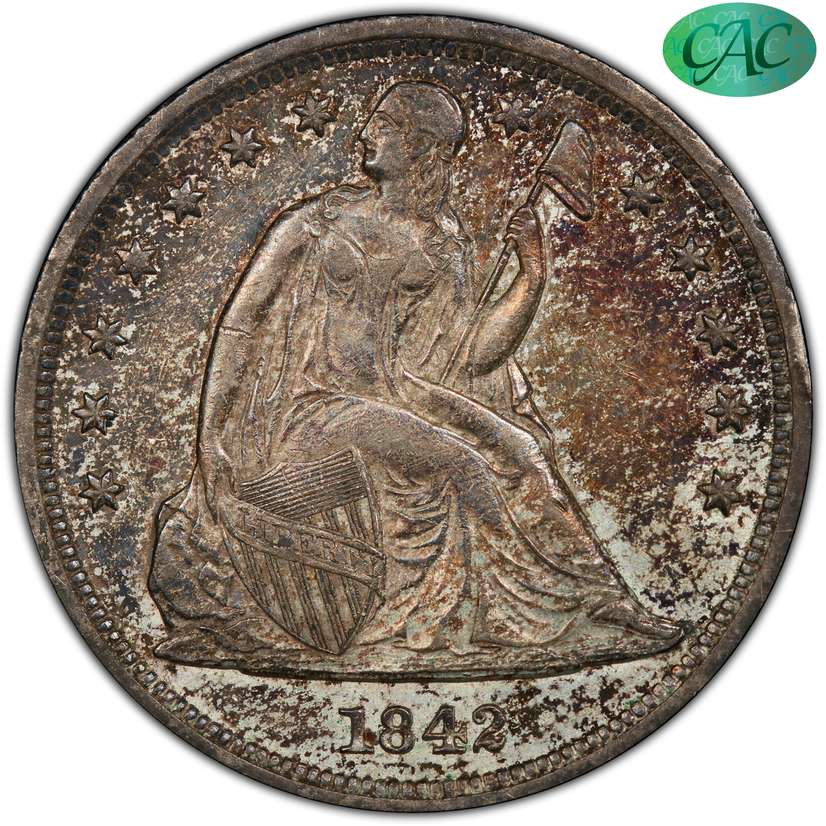 1842 Liberty Seated Dollar $1 AU55+ PCGS CAC