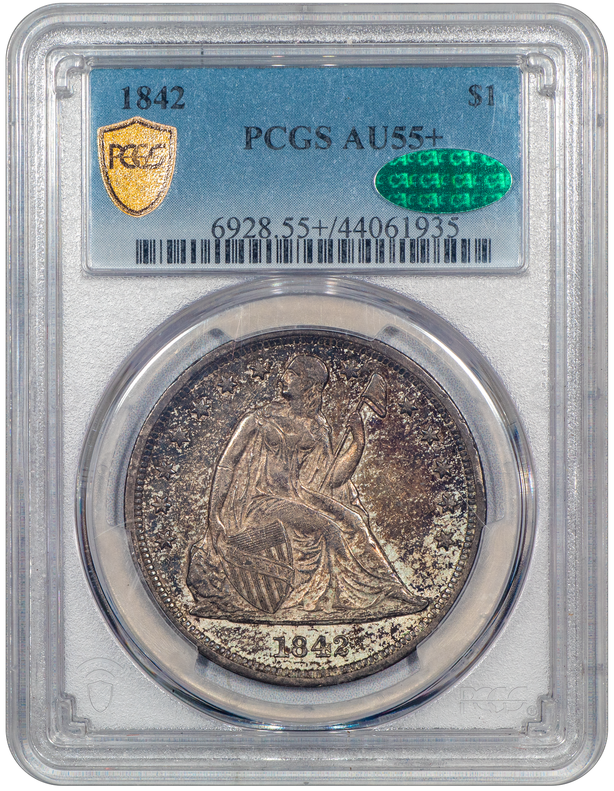 1842 Liberty Seated Dollar $1 AU55+ PCGS CAC Holder With Green CAC Sticker
