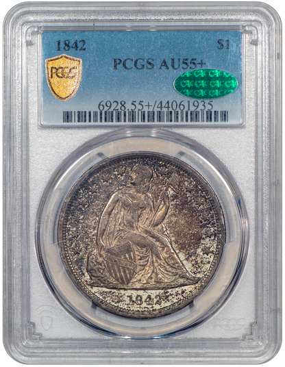 1842 Liberty Seated Dollar $1 AU55+ PCGS CAC Holder With Green CAC Sticker