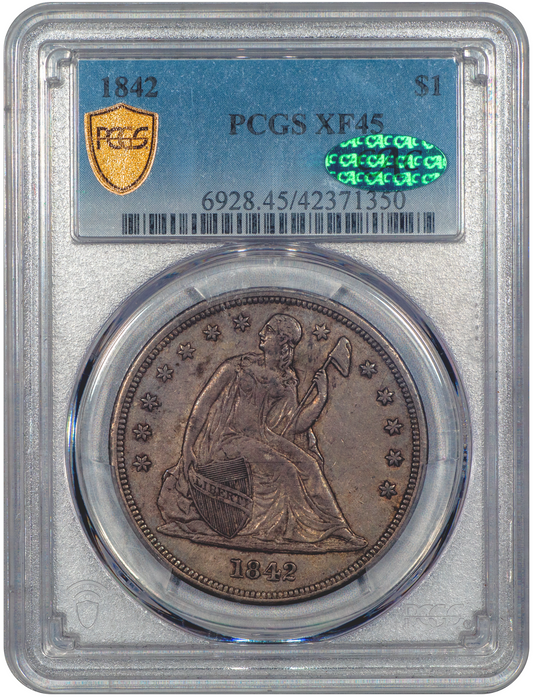 1842 Liberty Seated Dollar $1 XF45 PCGS CAC HOLDER WITH GREEN CAC STICKER