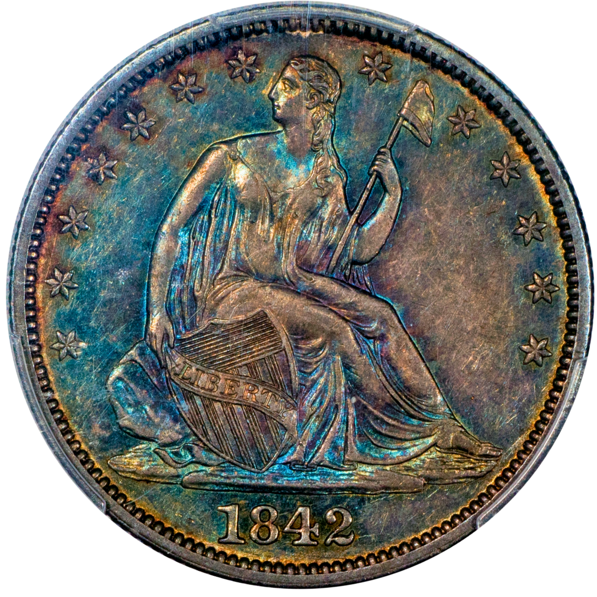 1842 Liberty Seated Half Dollar 50C MEDIUM DATE AU55+ PCGS GOLD CAC