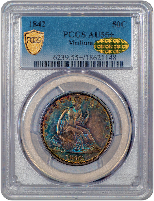 1842 Liberty Seated Half Dollar 50C MEDIUM DATE AU55+ PCGS GOLD CAC HOLDER WITH GOLD CAC STICKER