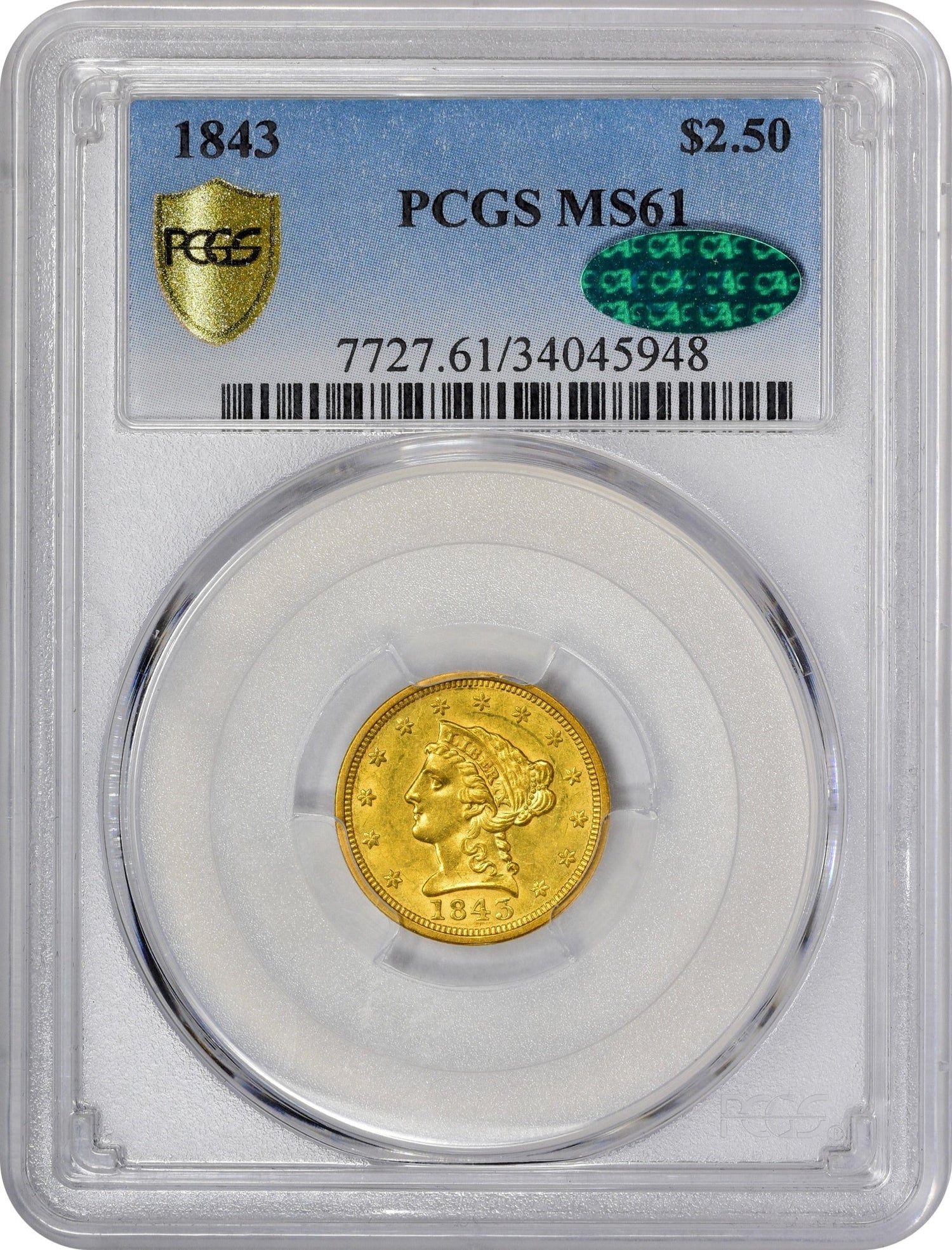 1843 $2.5 Ms61 Pcgs Cac