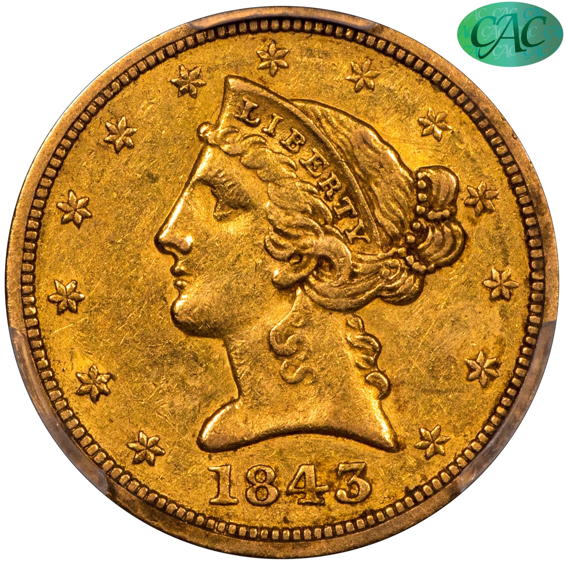 1843-O $5 Liberty Head Half Eagle, Small Letters SM LT AU55 PCGS CAC