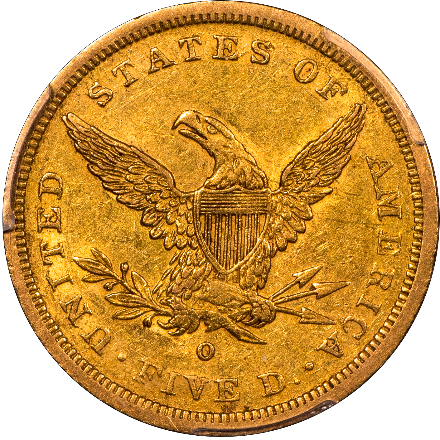 1843-O $5 Liberty Head Half Eagle, Small Letters SM LT AU55 PCGS CAC