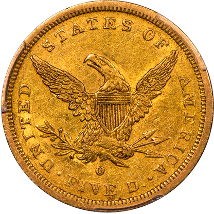 1843-O $5 Liberty Head Half Eagle, Small Letters SM LT AU55 PCGS CAC