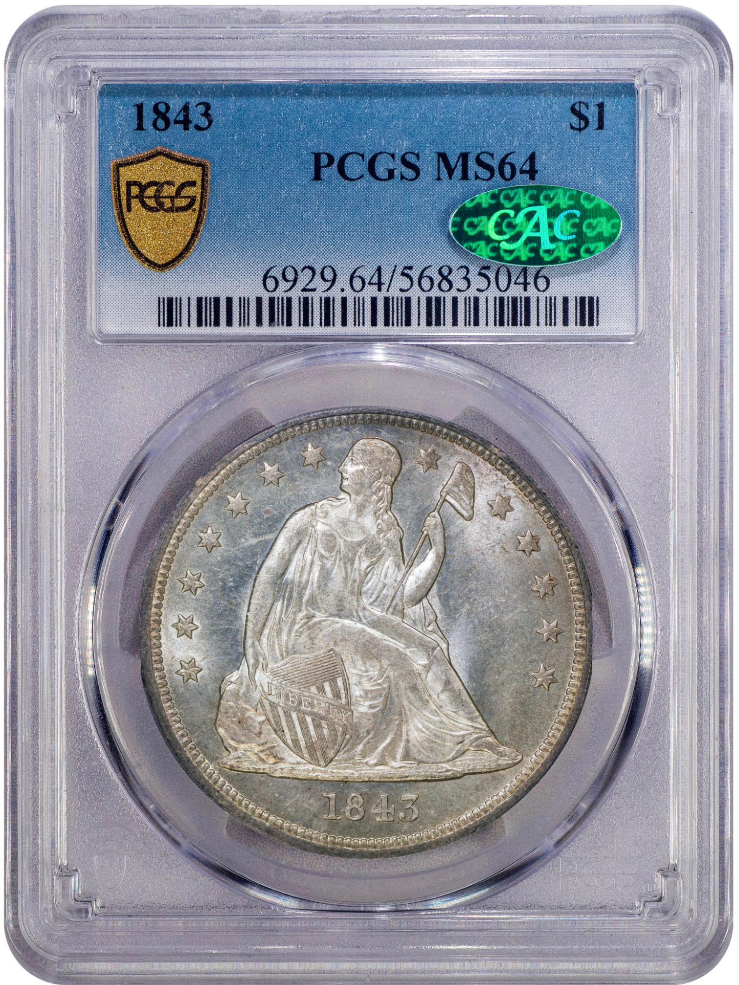1843 $1 Liberty Seated Dollar MS64 PCGS CAC HOLDER WITH GREEN CAC STICKER