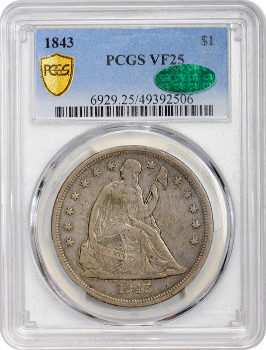 1843 $1 VF25 PCGS CAC HOLDER WITH CAC STICKER