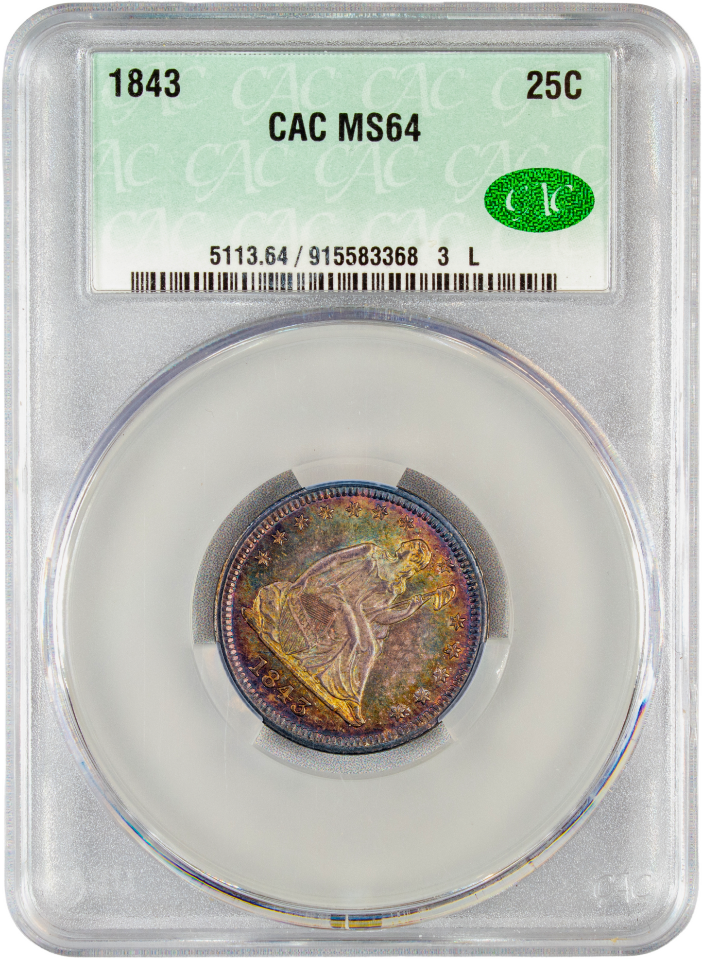 1843 25C MS64 CACG HOLDER WITH GREEN CAC STICKER