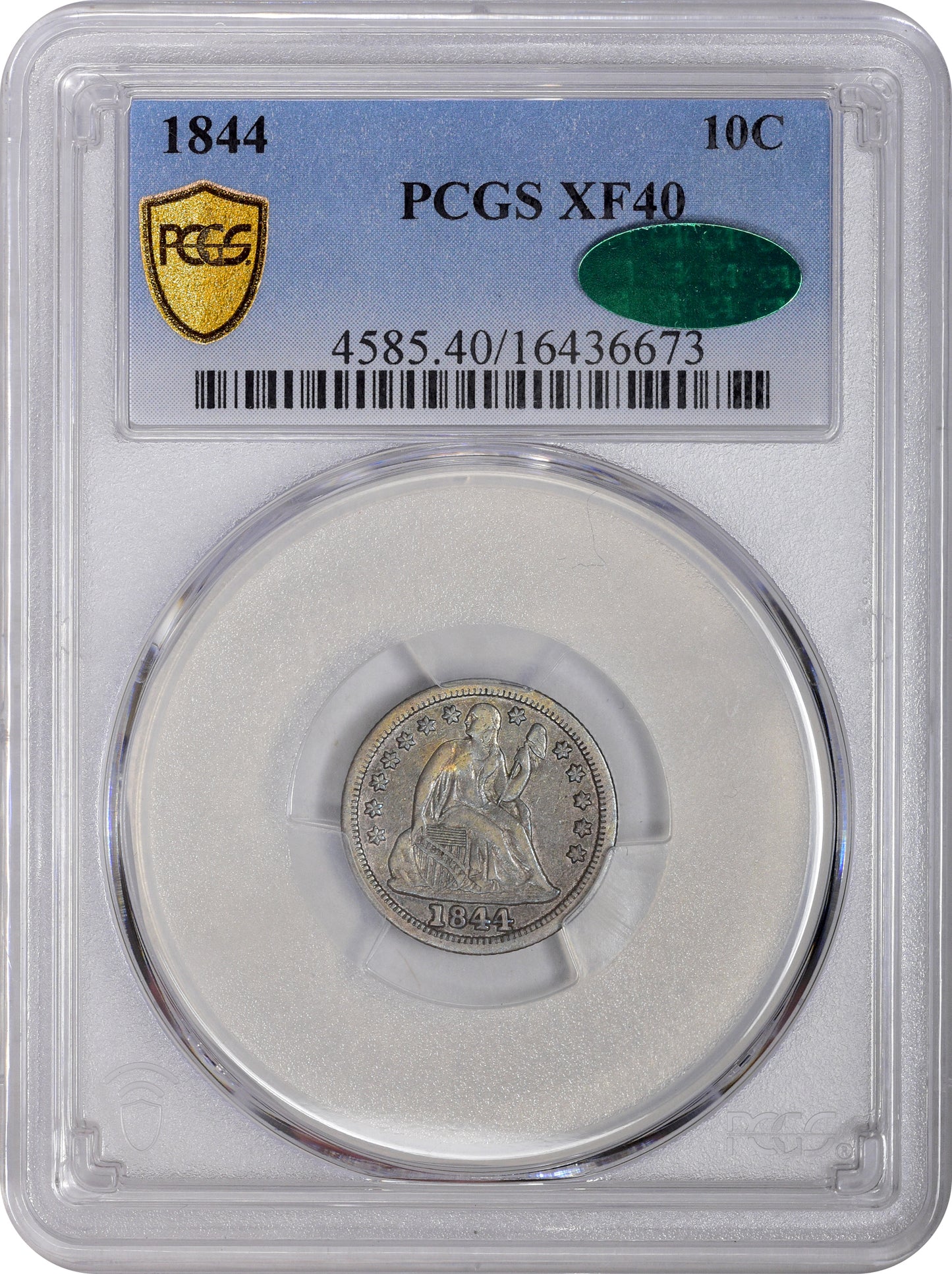 1844 10C XF40 PCGS CAC HOLDER WITH CAC STICKER