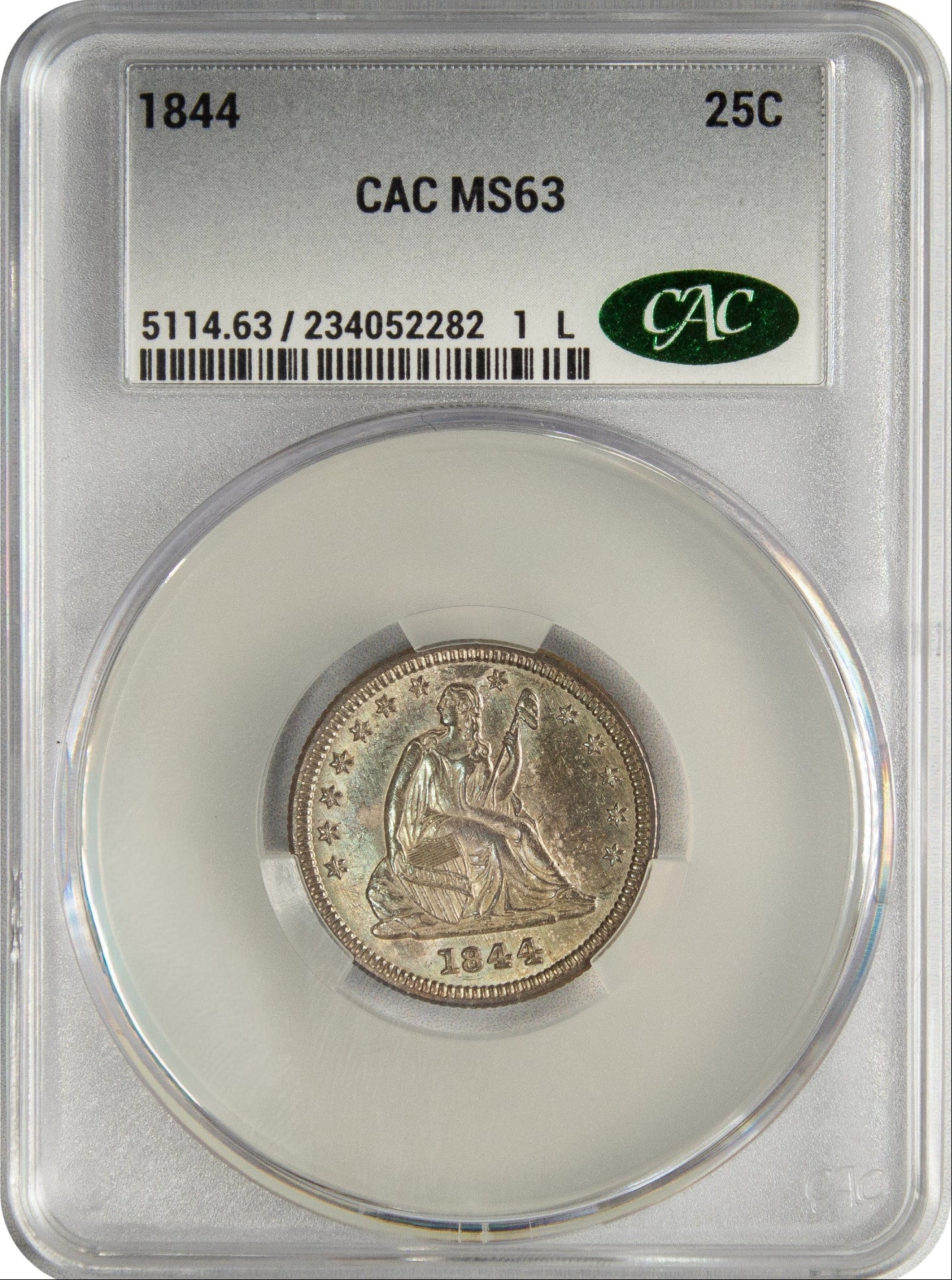 1844 25C MS63 CACG HOLDER WITH CAC GREEN STICKER