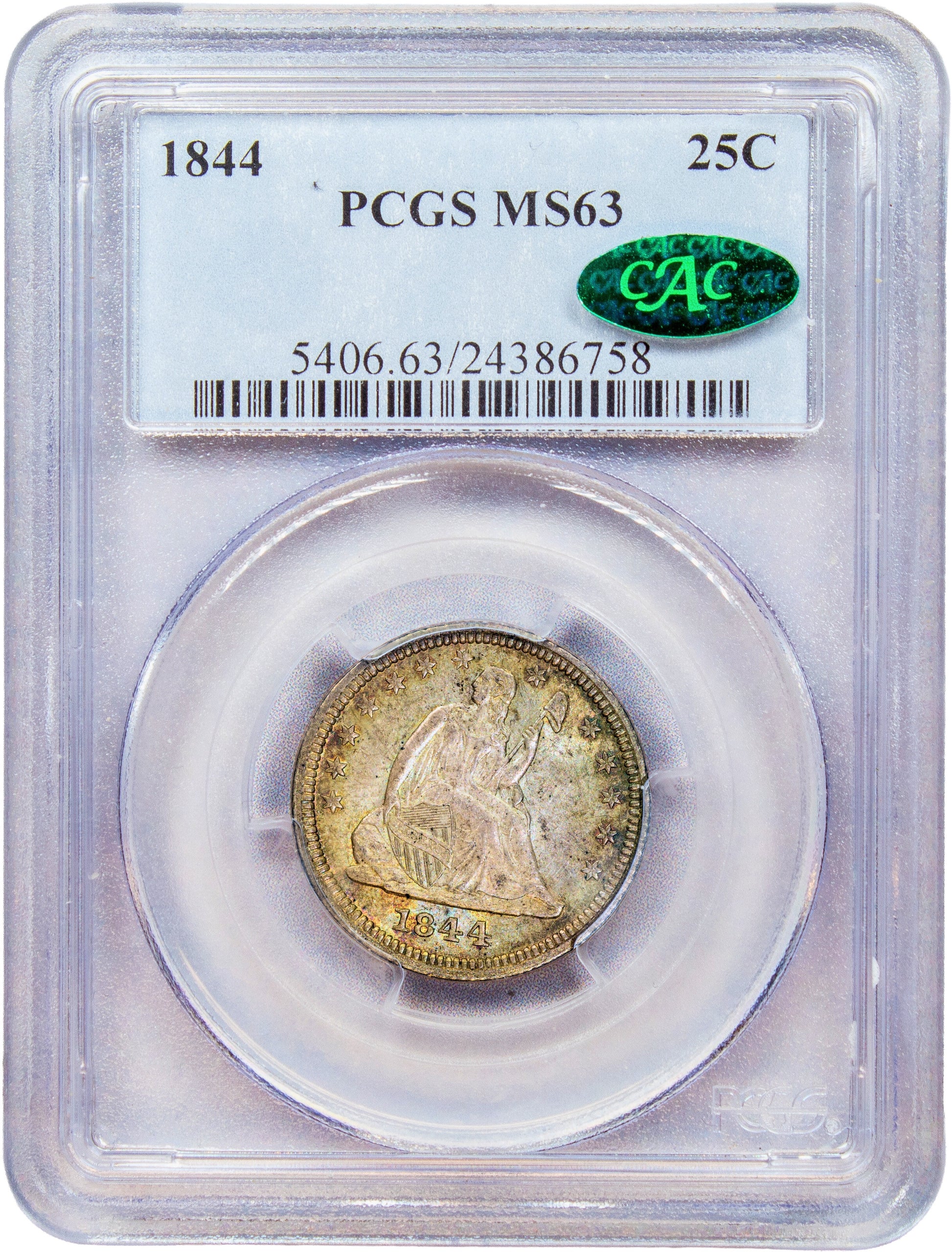 1844 25C MS63 PCGS CAC HOLDER WITH GREEN CAC STICKER 