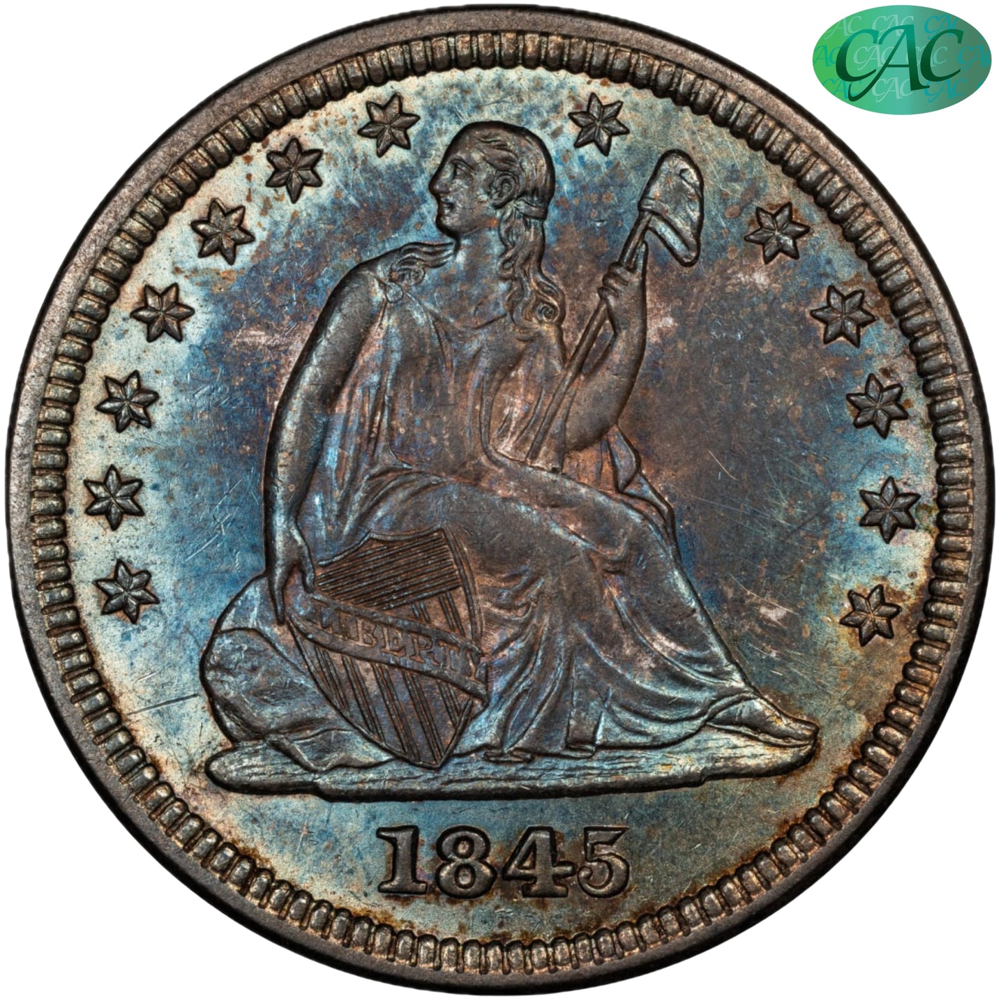 1845 25C MS64+ PCGS CAC 25C