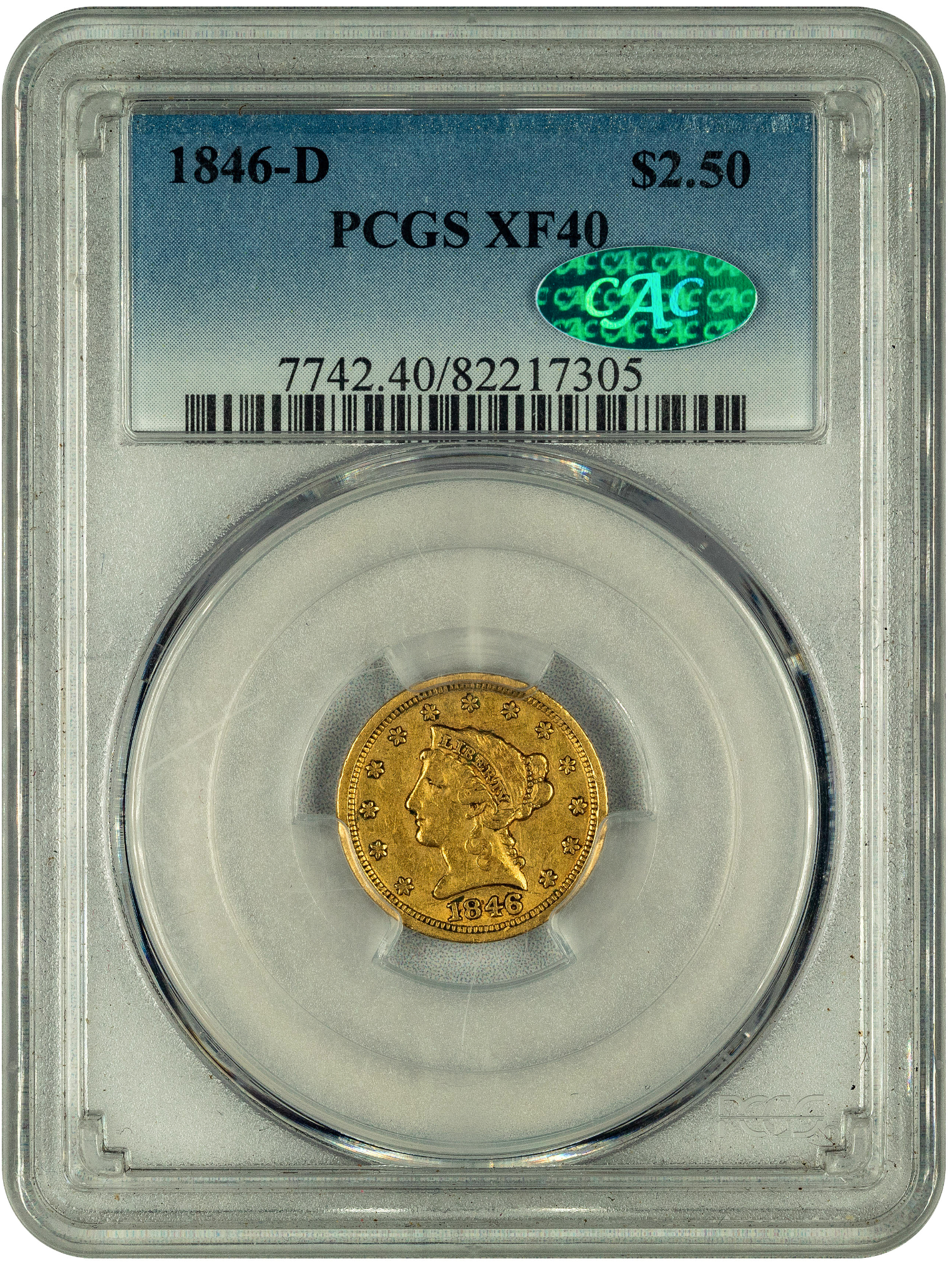 1846-D $2.50 XF40 PCGS CAC HOLDER WITH GREEN CAC STICKER