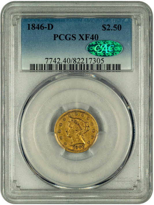 1846-D $2.50 XF40 PCGS CAC HOLDER WITH GREEN CAC STICKER
