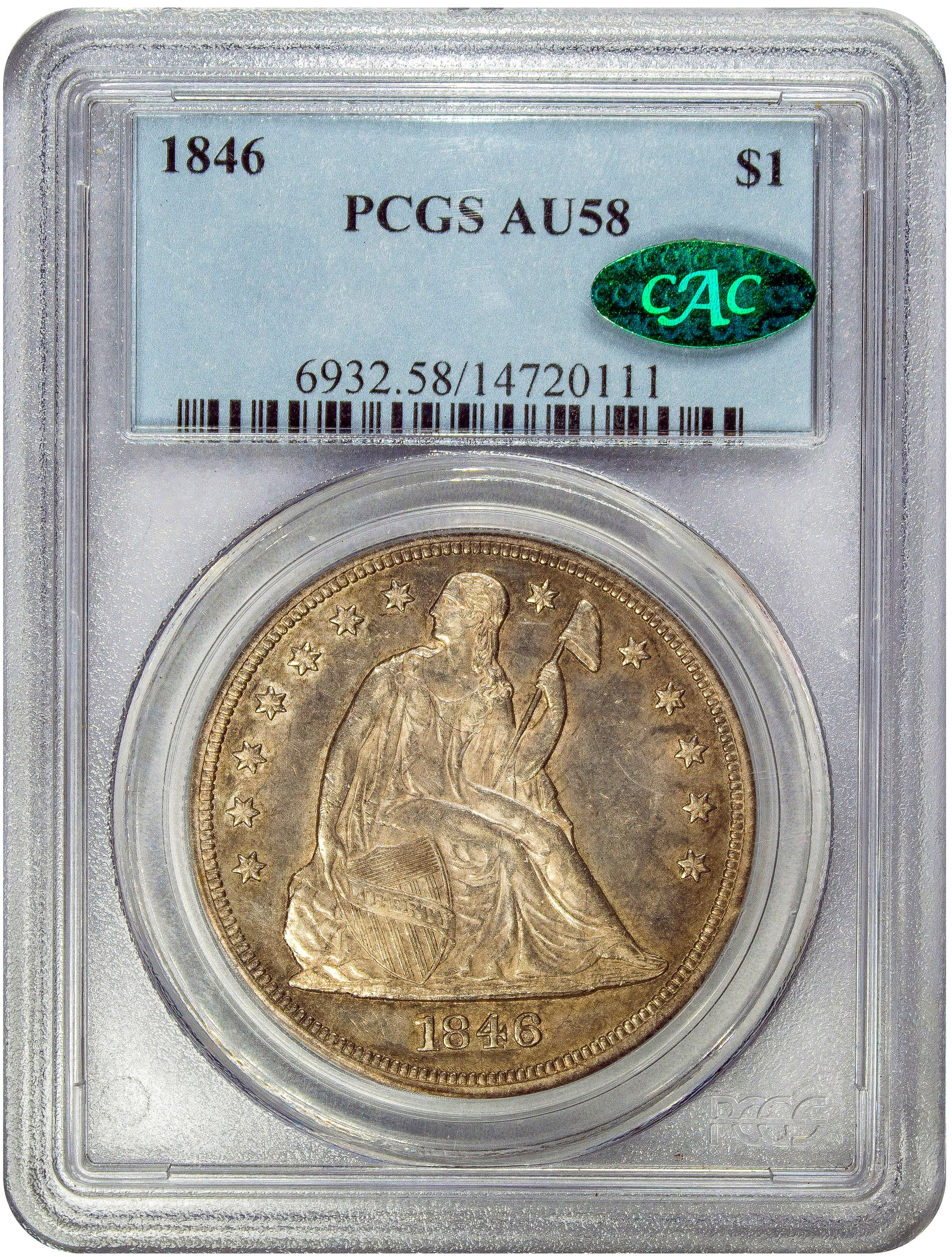 1846 $1 AU58 PCGS CAC HOLDER WITH GREEN CAC STICKER