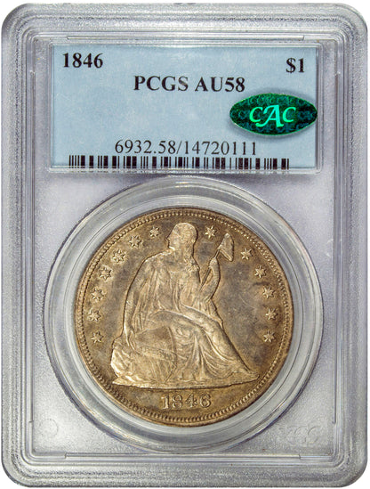 1846 $1 AU58 PCGS CAC HOLDER WITH GREEN CAC STICKER