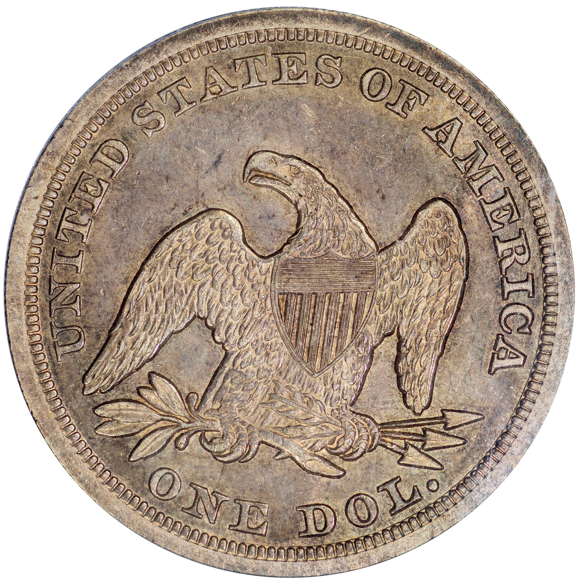 1846 $1 AU58 PCGS CAC REVERSE