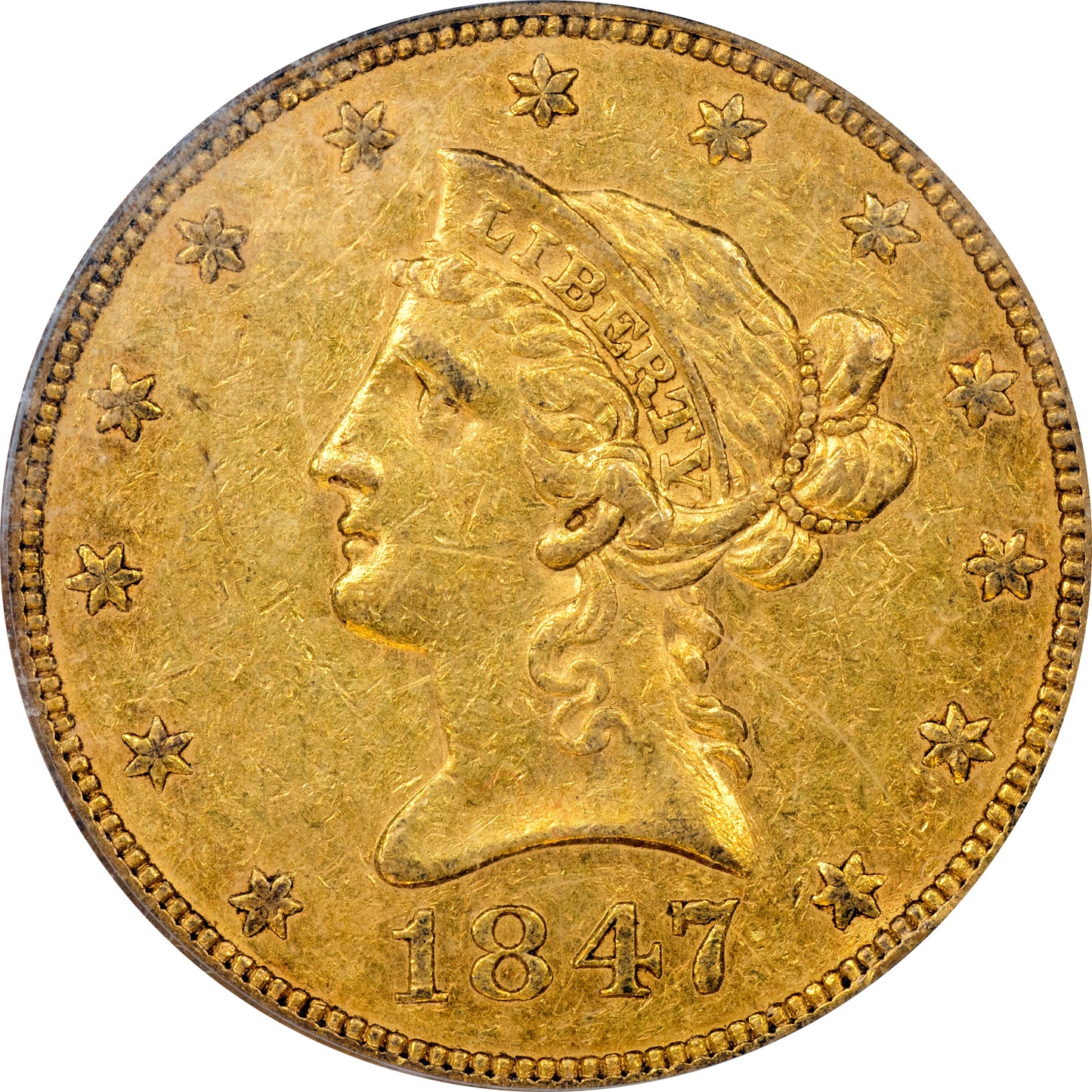 1847 $10 AU50 PCGS OGH CAC