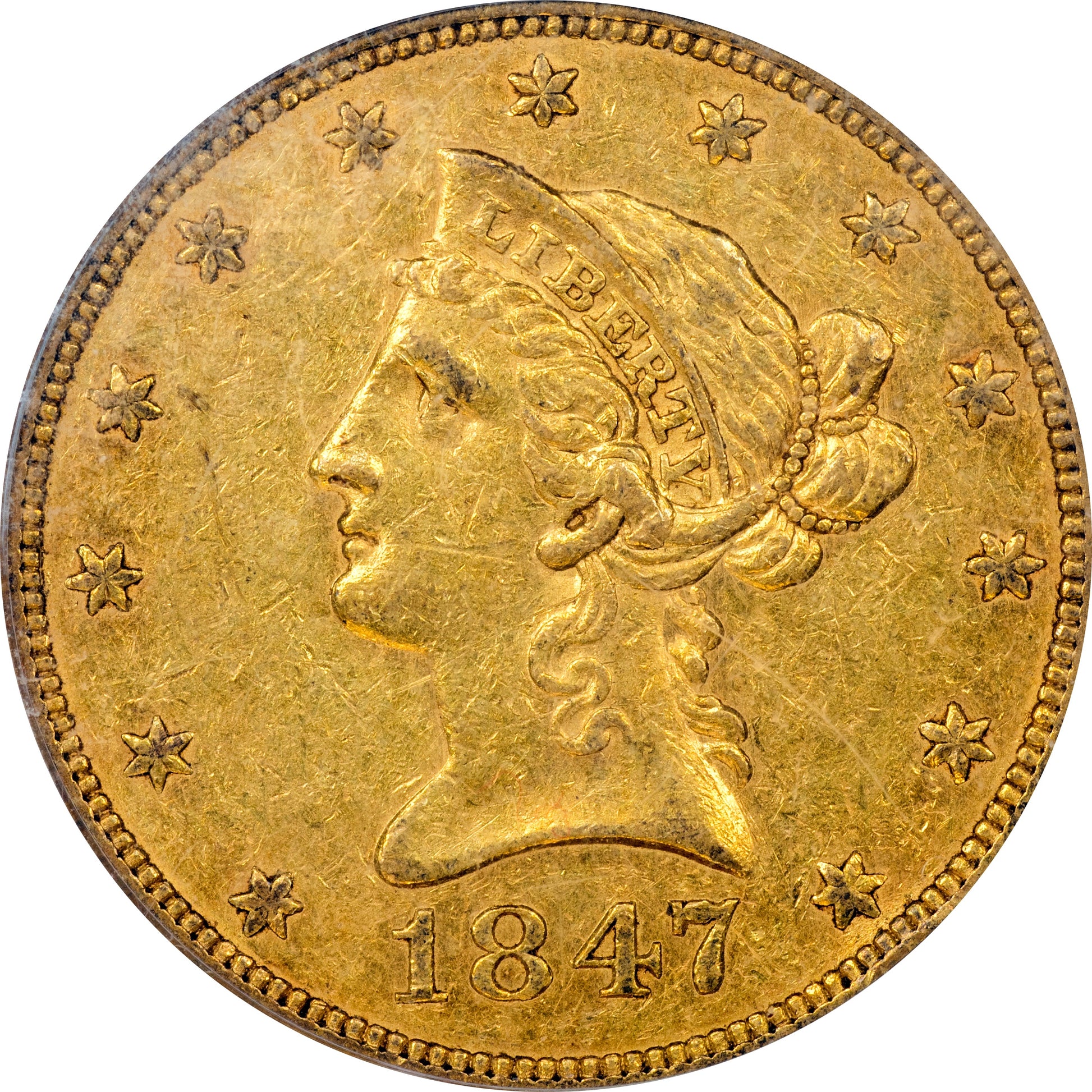 1847 $10 AU50 PCGS OGH CAC