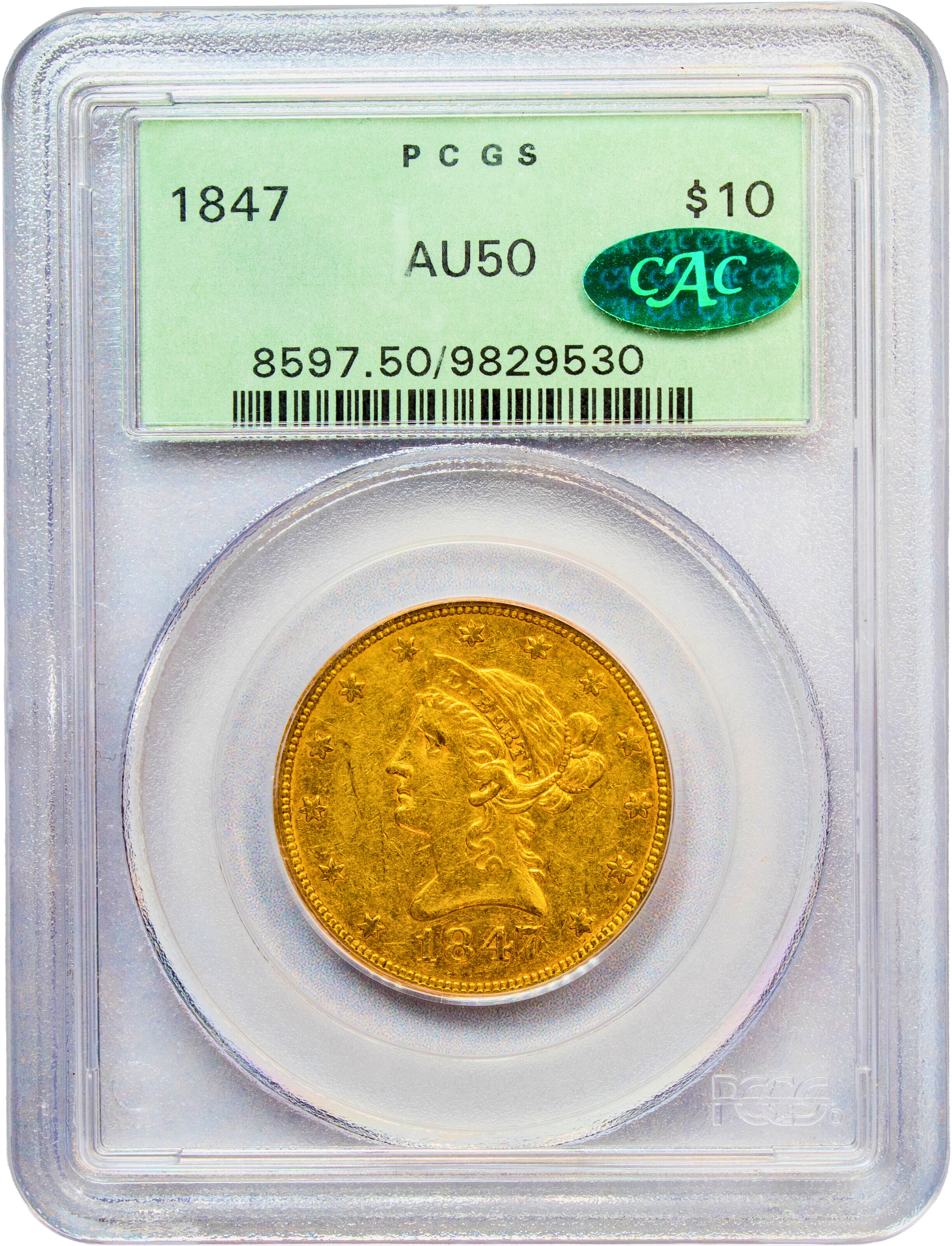 1847 $10 AU50 PCGS OGH CAC HOLDER