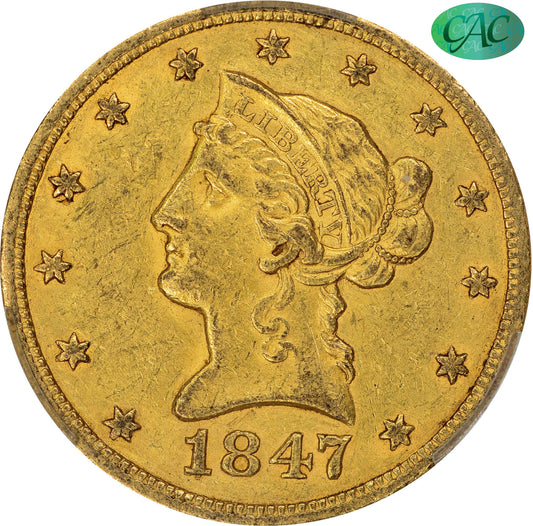 1847 $10 AU55 PCGS CAC