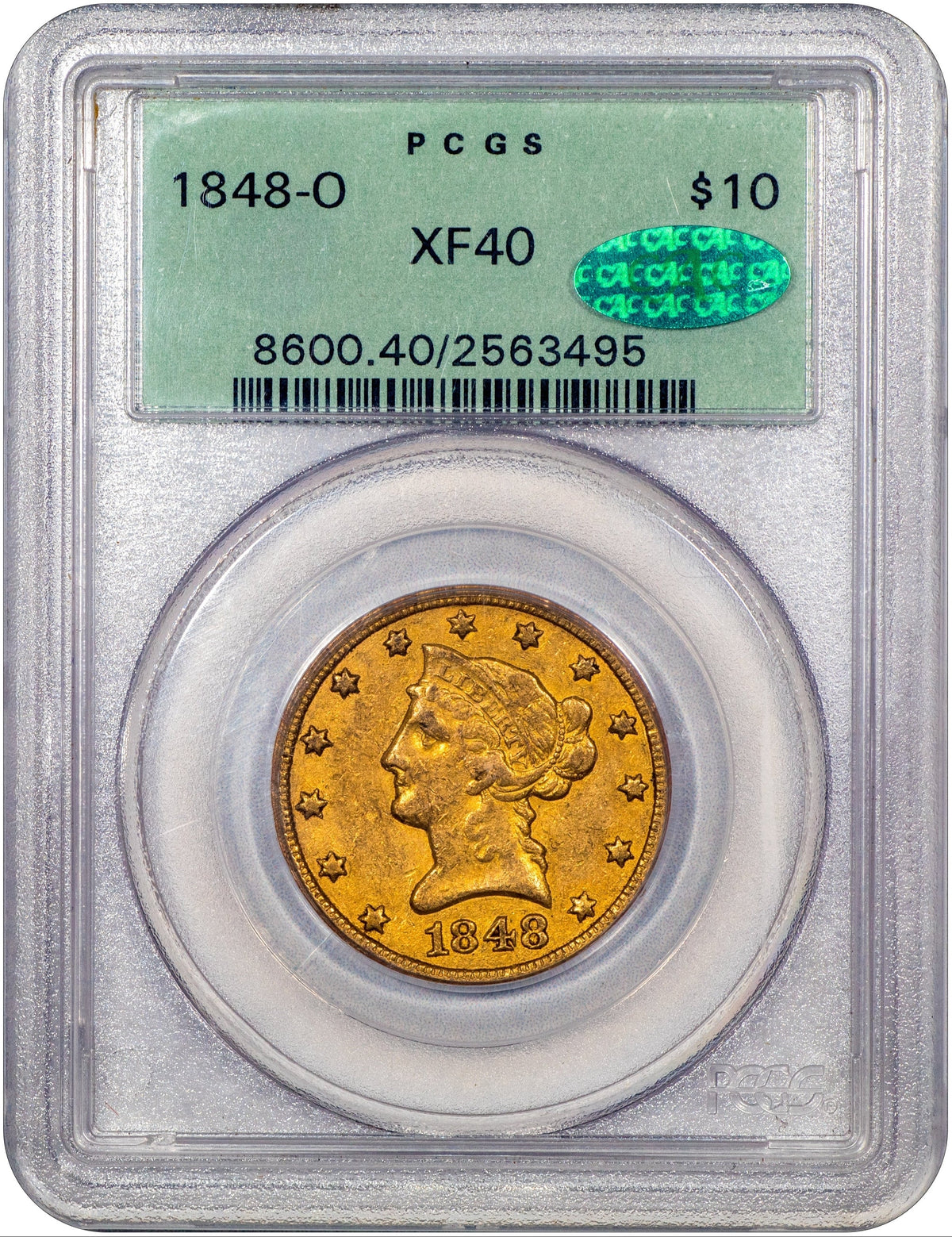 1848-O Liberty Head Eagle $10 XF40 OGH PCGS CAC HOLDER WITH GREEN CAC STICKER 