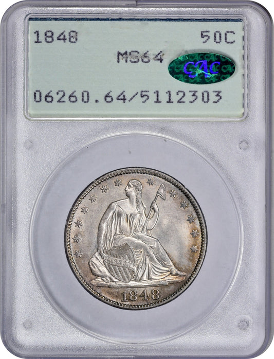 1848 50C MS64 OGH RATTLER PCGS CAC WITH CAC STICKER