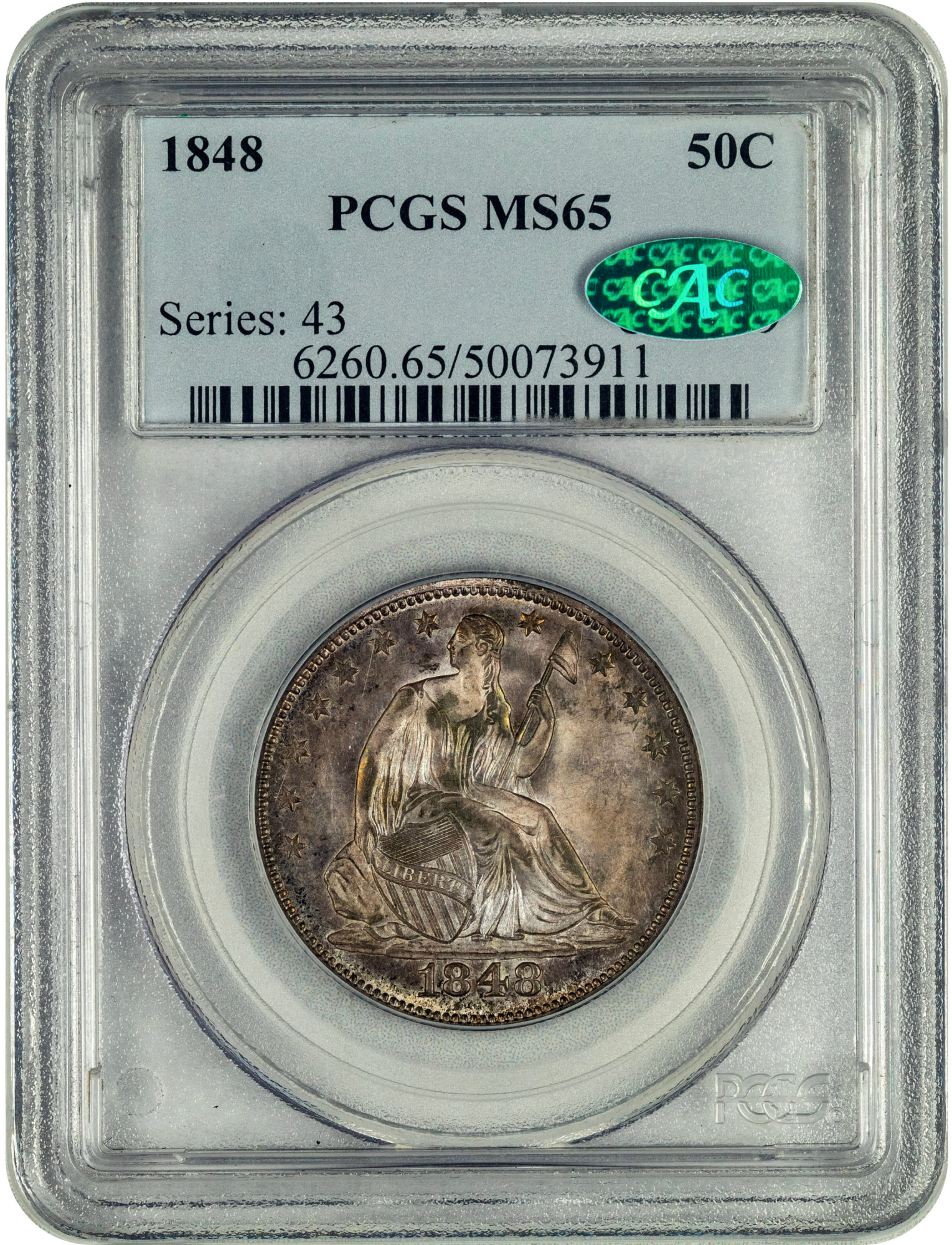 1848 50C MS65 PCGS CAC HOLDER WITH GREEN CAC STICKER