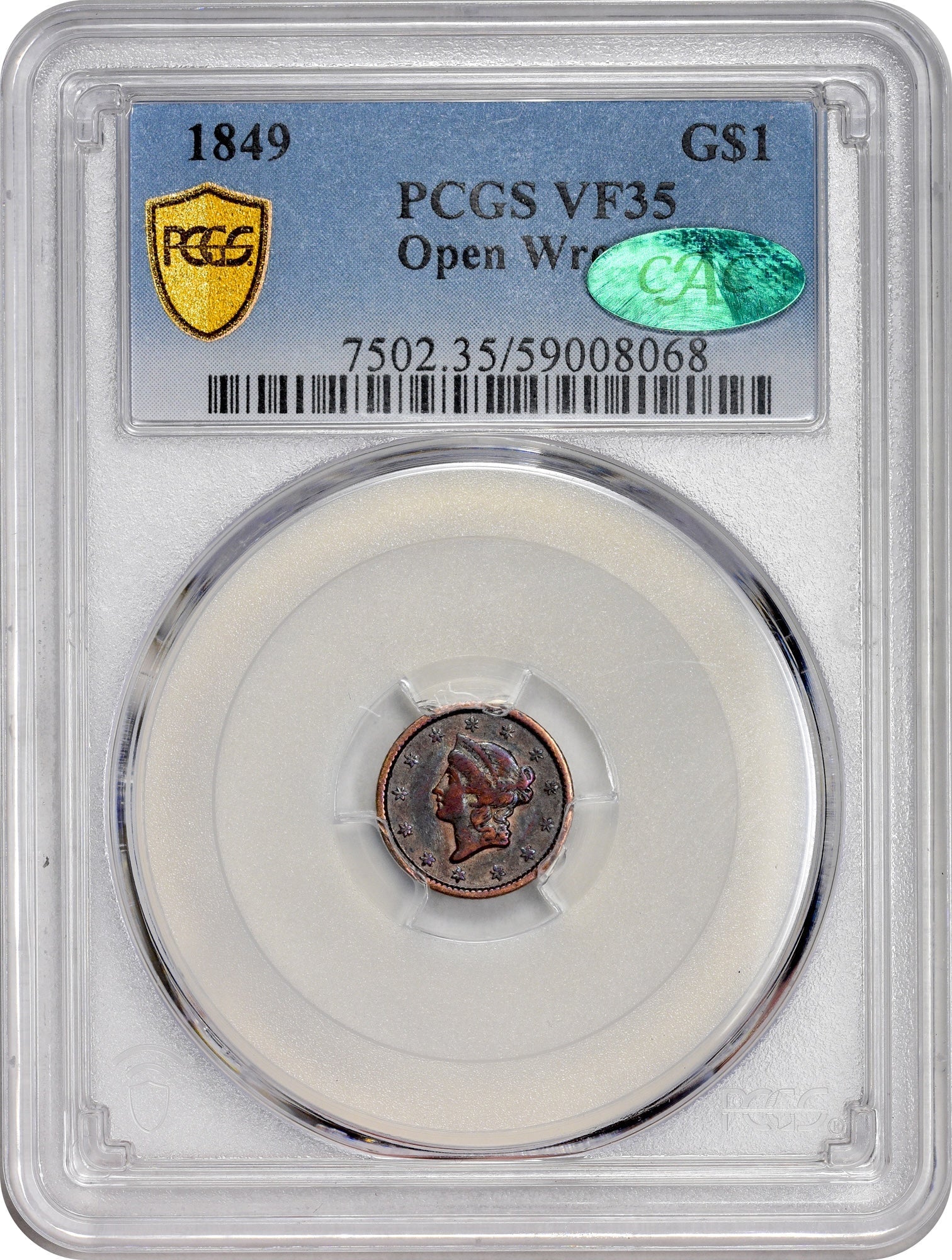 1849 G$1 OPEN WREATH VF35 PCGS CAC HOLDER WITH GREEN CAC STICKER