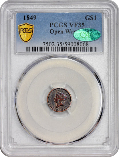 1849 G$1 OPEN WREATH VF35 PCGS CAC HOLDER WITH GREEN CAC STICKER