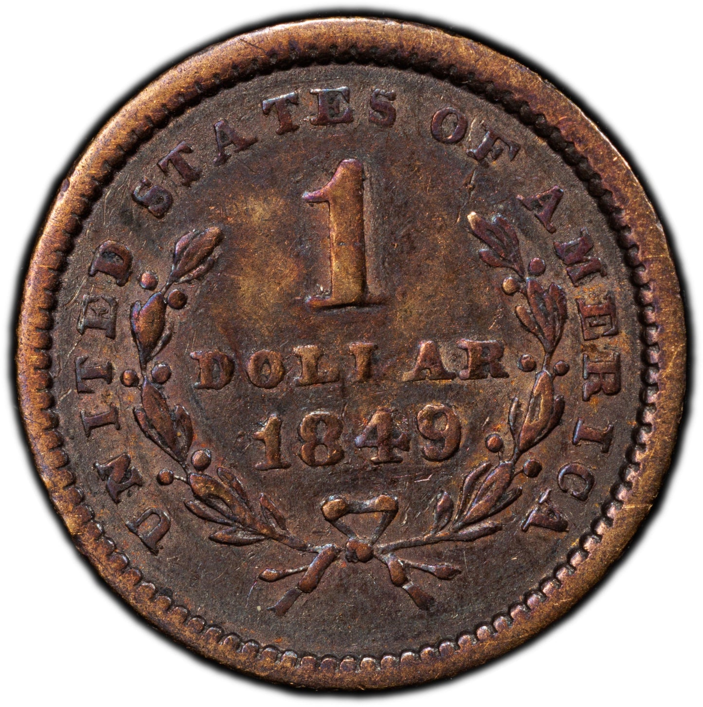 1849 G$1 OPEN WREATH VF35 PCGS CAC