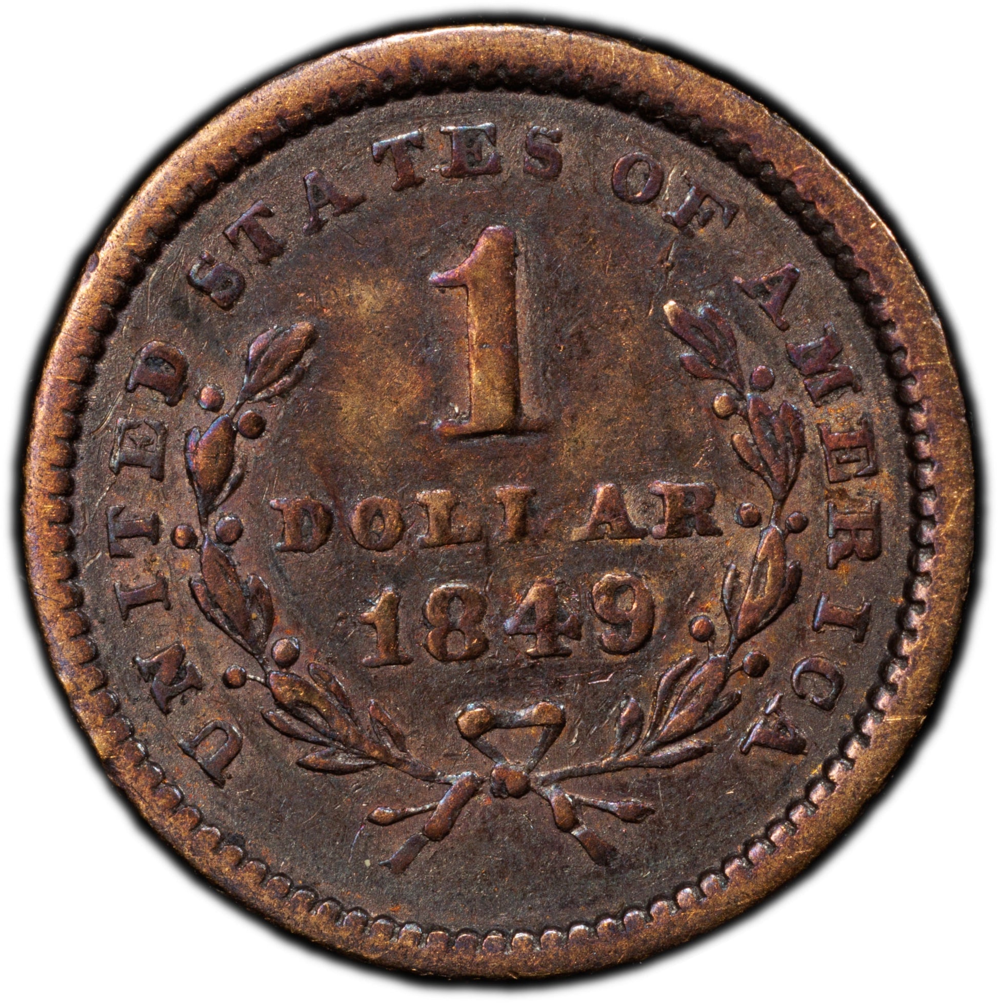 1849 G$1 OPEN WREATH VF35 PCGS CAC