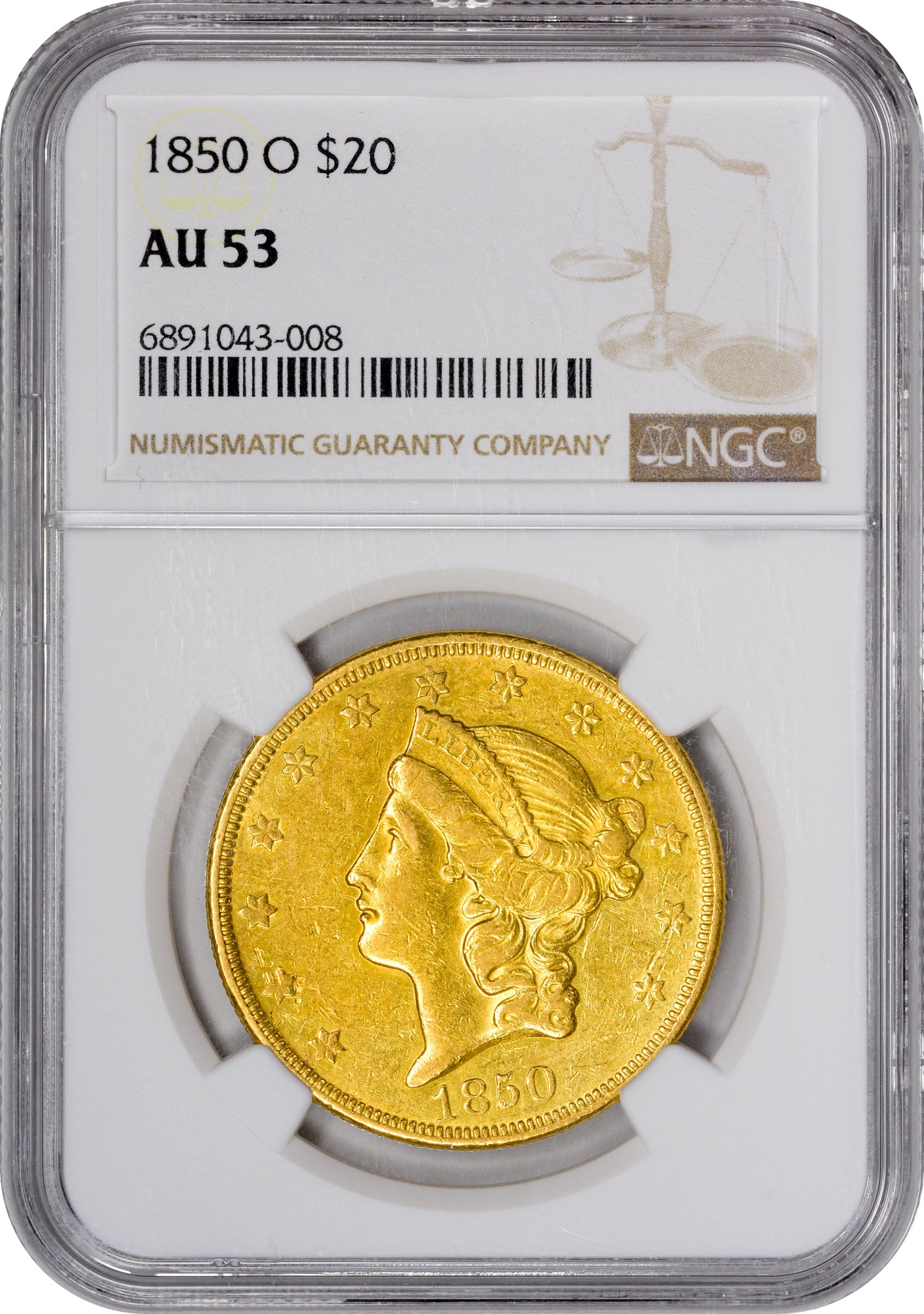 1850-O $20 AU53 NGC HOLDER