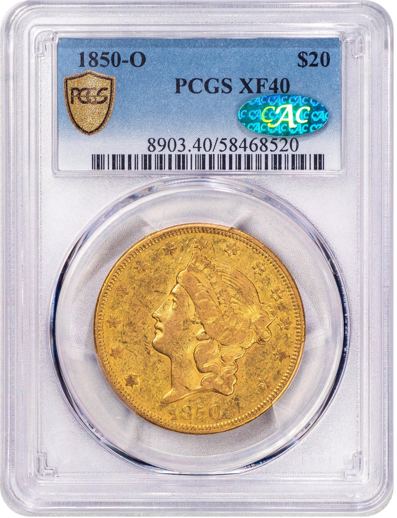 1850-O $20 XF40 PCGS CAC HOLDER WITH GREEN CAC STICKER