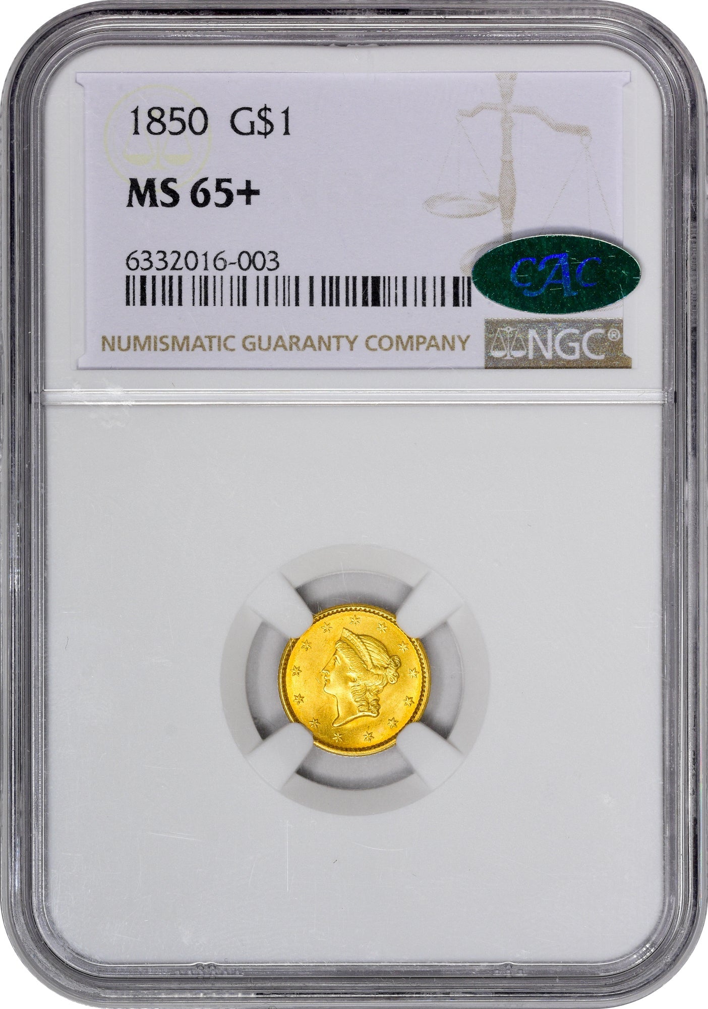 1850 G$1 Ms65 + Ngc Cac $I Gold