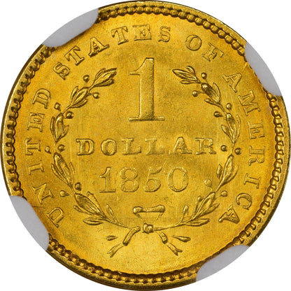 1850 G$1 Ms65 + Ngc Cac $I Gold