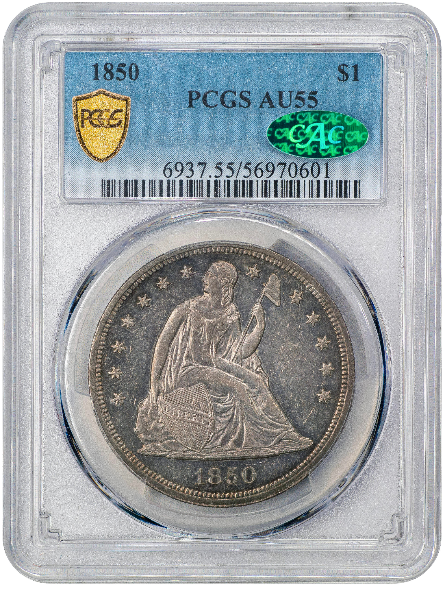 1850 $1 AU55 PCGS CAC HOLDER WITH GREEN CAC STICKER