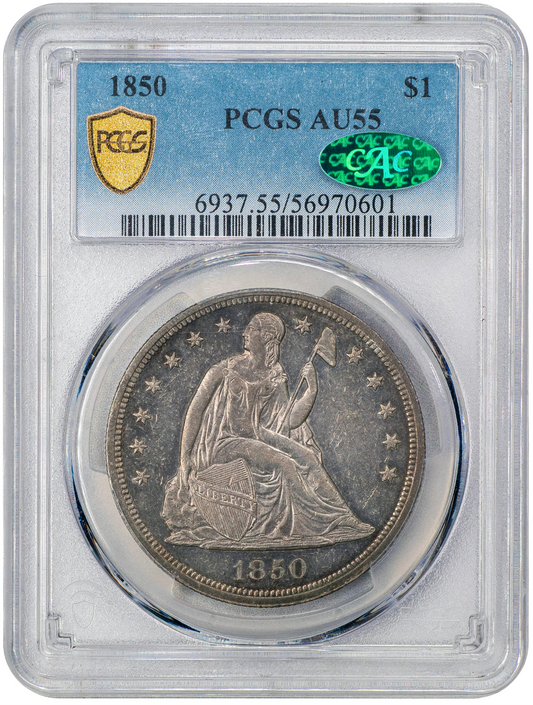 1850 $1 AU55 PCGS CAC HOLDER WITH GREEN CAC STICKER