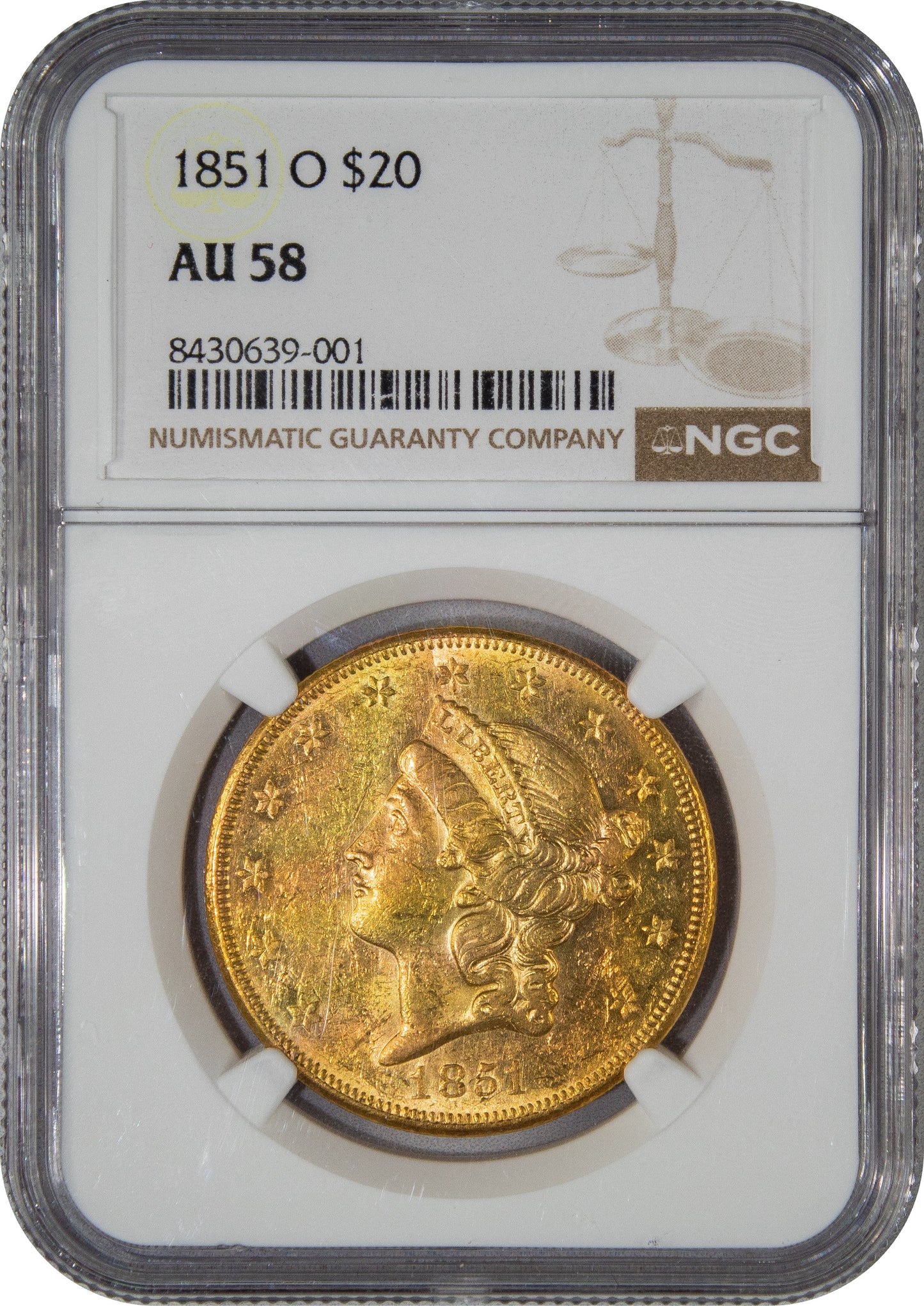 1851-O Liberty Head Double Eagle $20 AU58 NGC Holder
